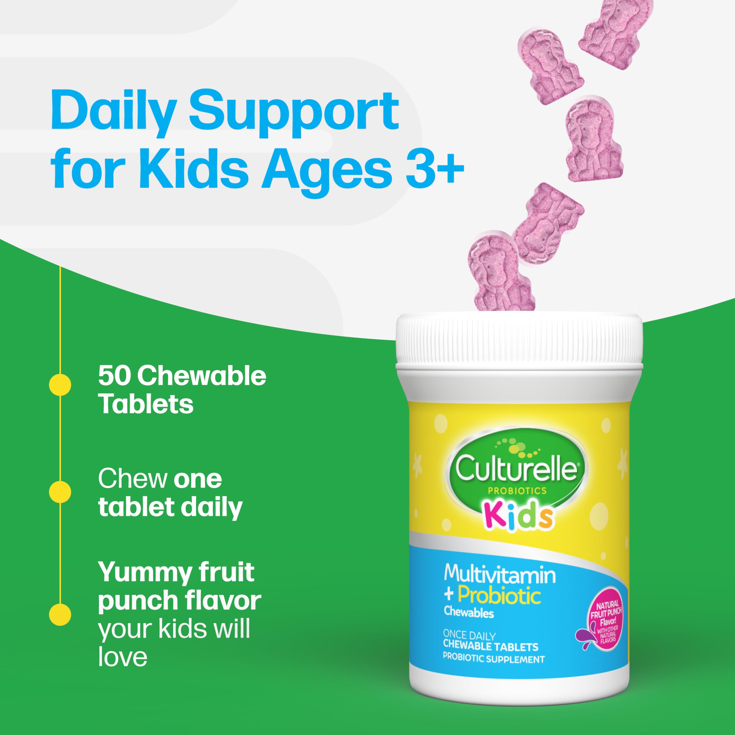 Culturelle Kids daily-dose chewable tablet with easy dosing guidance.