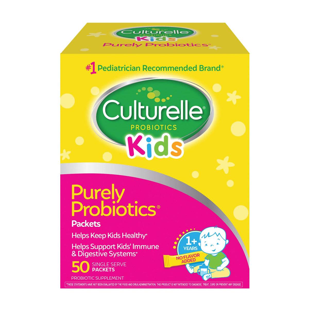 Culturelle Kids daily probiotic packets packaging for ages 3+, supports digestive balance.