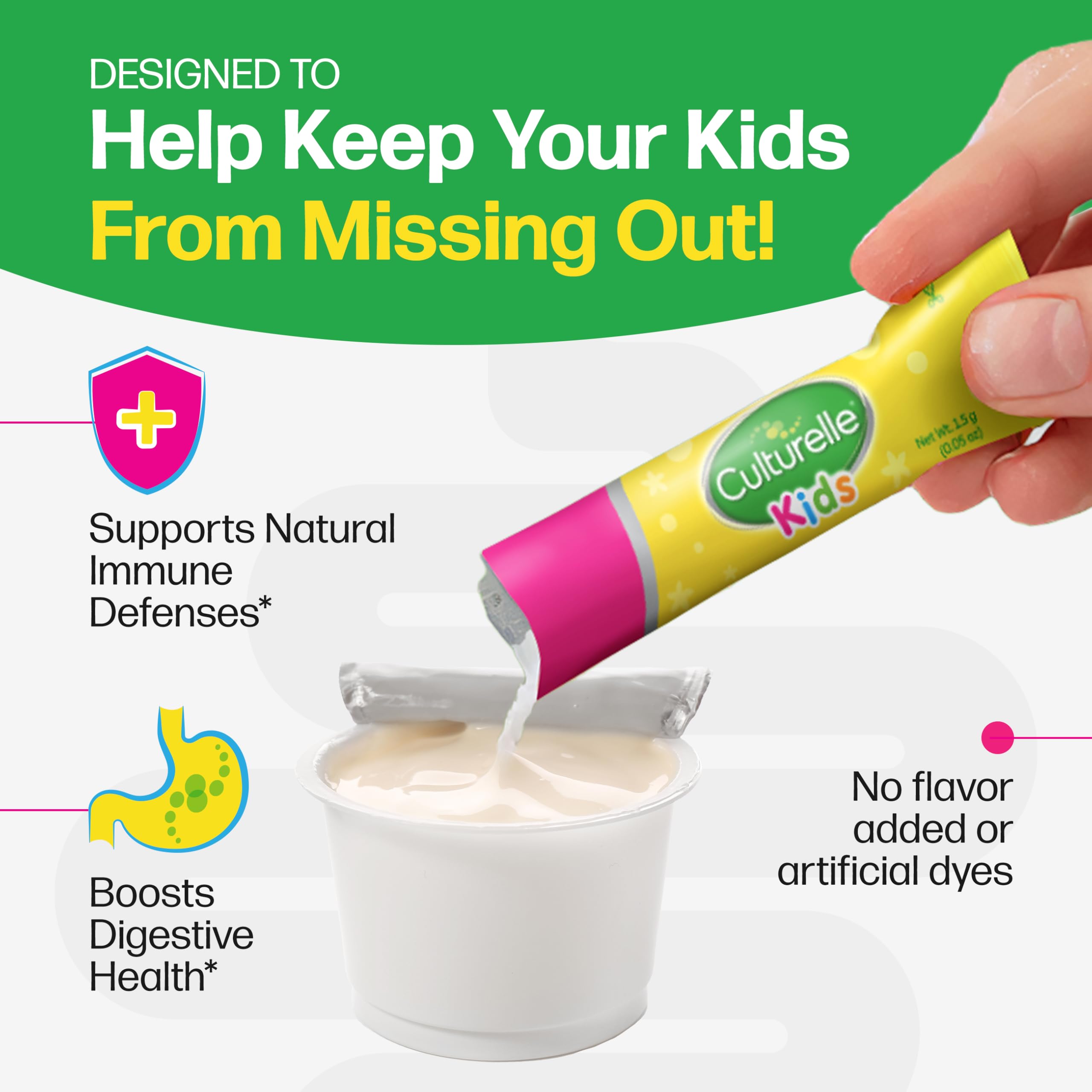 Culturelle Kids probiotic packets being mixed into yogurt for kid-friendly consumption.
