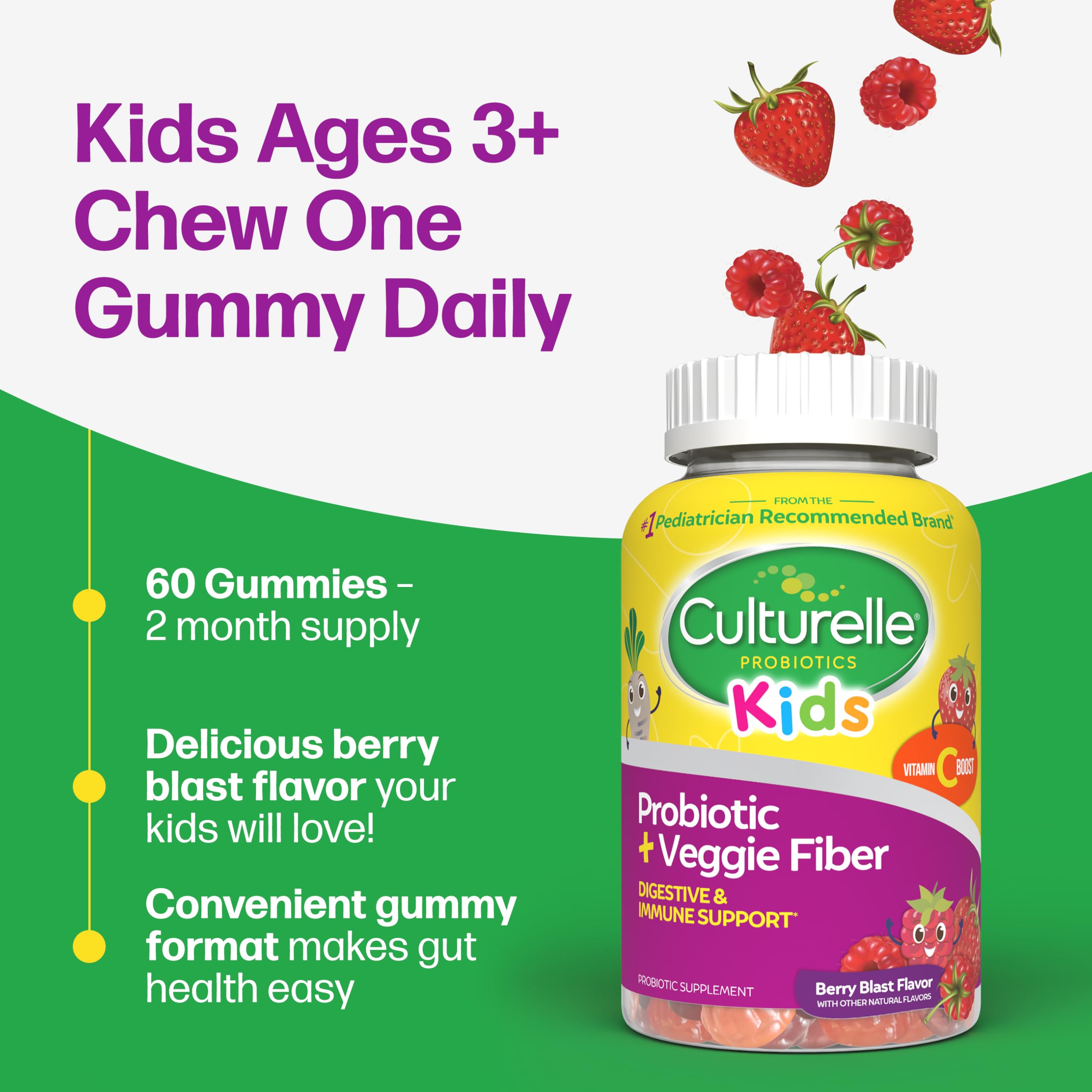Culturelle Kids Veggie Fiber Gummies label highlights fiber and probiotic benefits.