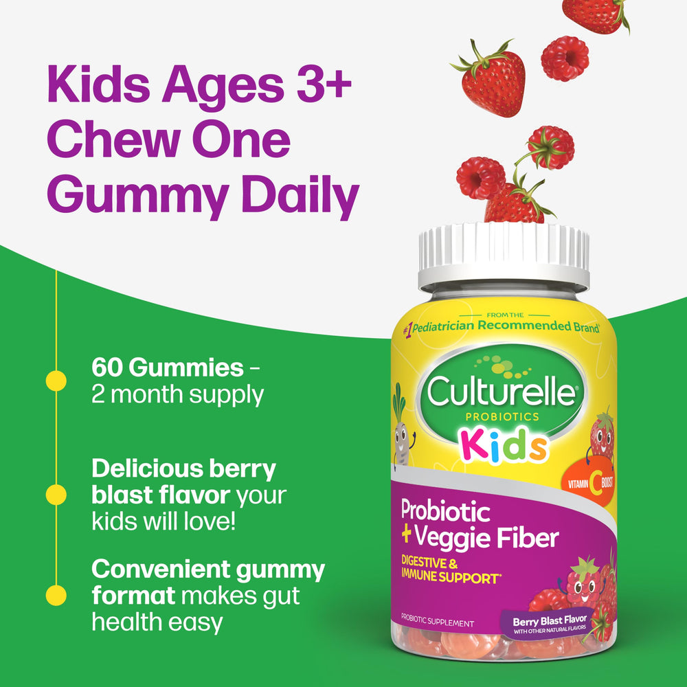 Culturelle Kids Veggie Fiber Gummies label highlights fiber and probiotic benefits.