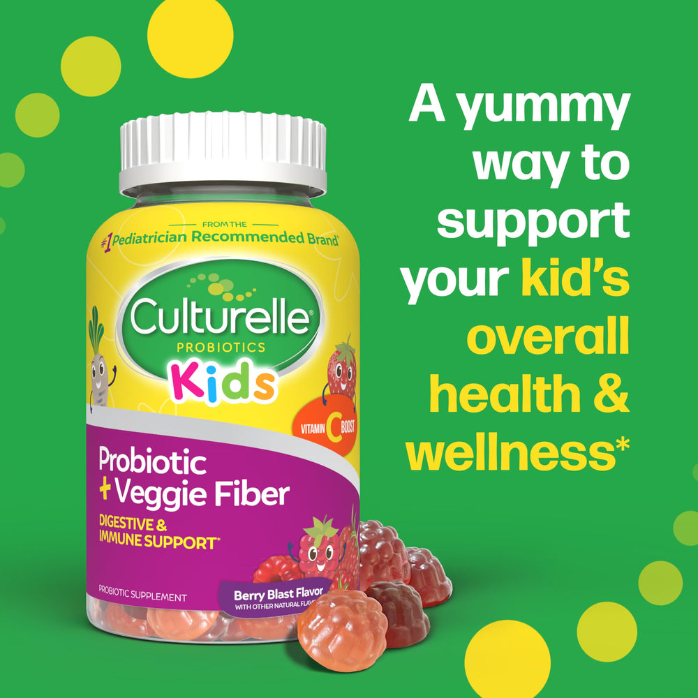 Ingredient panel of Culturelle Kids Veggie Fiber Gummies shows probiotic strains and plant fiber.