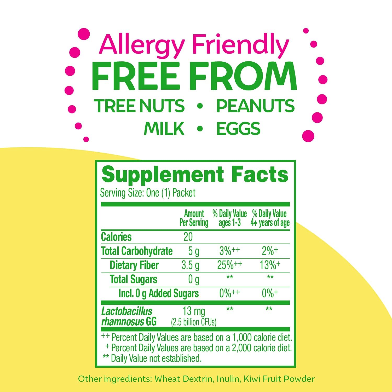 Culturelle Kids Probiotic + Fiber packets feature Lactobacillus rhamnosus GG for gut balance.