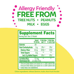 Culturelle Kids Probiotic + Fiber packets feature Lactobacillus rhamnosus GG for gut balance.