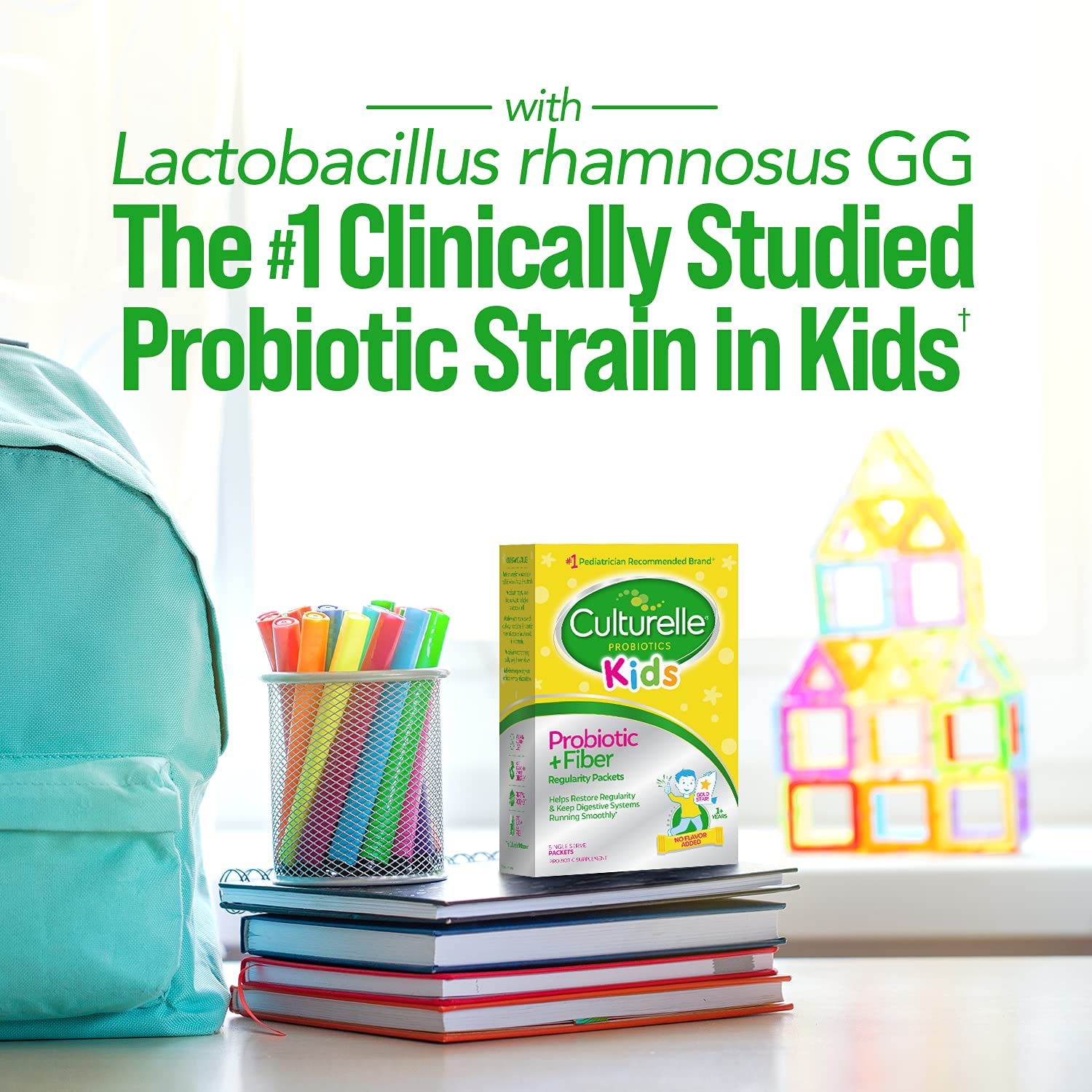 Culturelle Kids Probiotic + Fiber packets mixed into applesauce for simple serving.