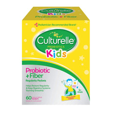 Culturelle Kids Probiotic + Fiber packets packaging signals pediatric-friendly regularity support.