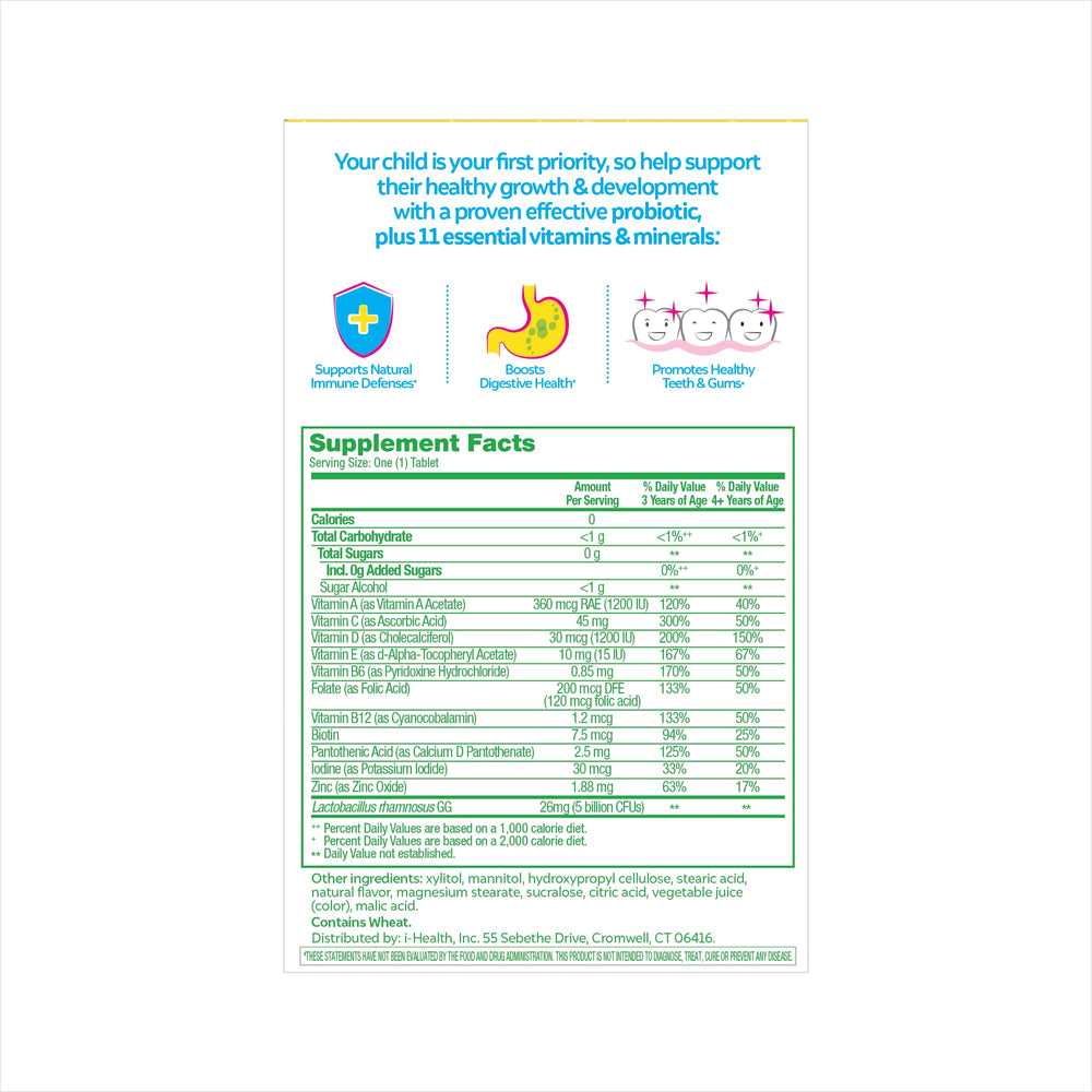 Culturelle Kids probiotic multivitamin bottle side showing essential vitamins and minerals.