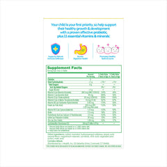 Culturelle Kids probiotic multivitamin bottle side showing essential vitamins and minerals.