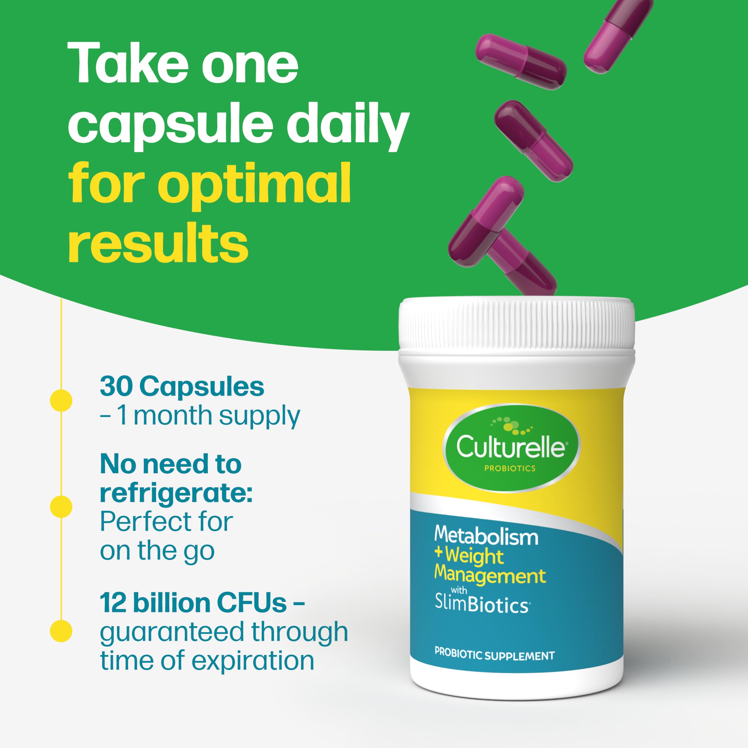 Culturelle Metabolism bottle beside a glass of water for convenient intake.