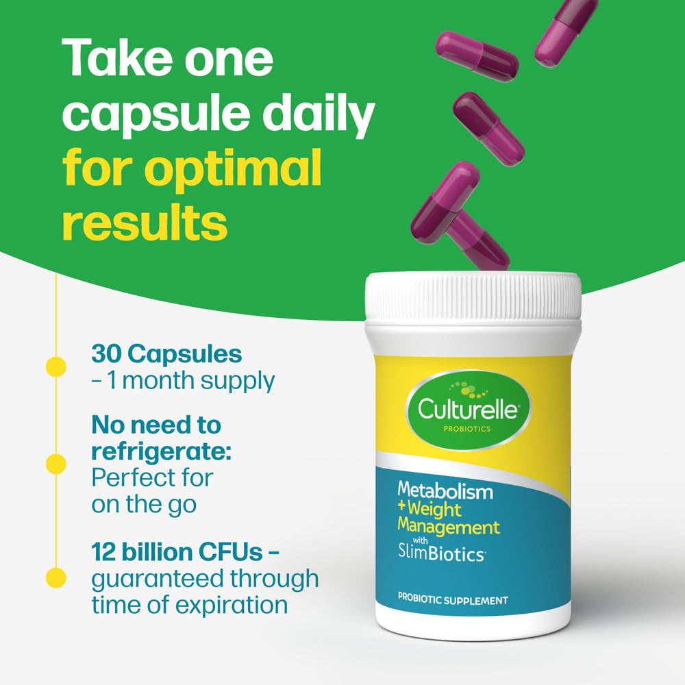 Culturelle Metabolism bottle beside a glass of water for convenient intake.