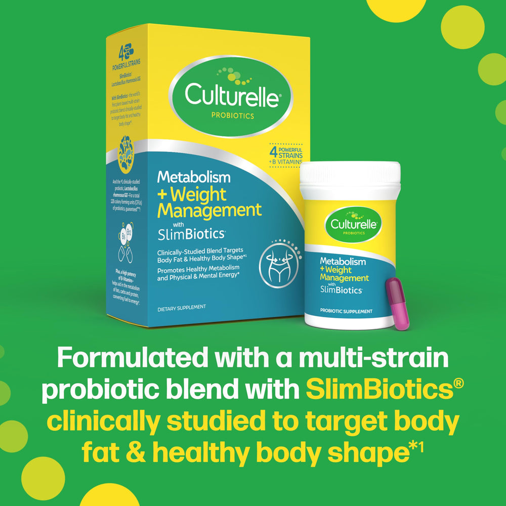 Culturelle Metabolism label close-up with ingredient highlights and dosage info.