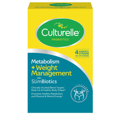 Culturelle Metabolism SlimBiotics bottle on kitchen counter for daily support.