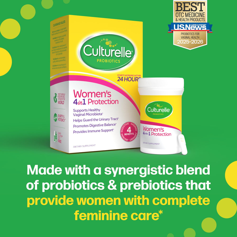 Culturelle probiotic bottle shown with food suggesting digestive comfort use cases.