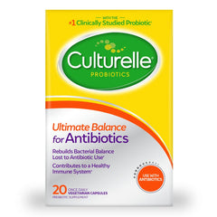 Culturelle Ultimate Balance bottle demonstrates daily probiotic support during antibiotics.