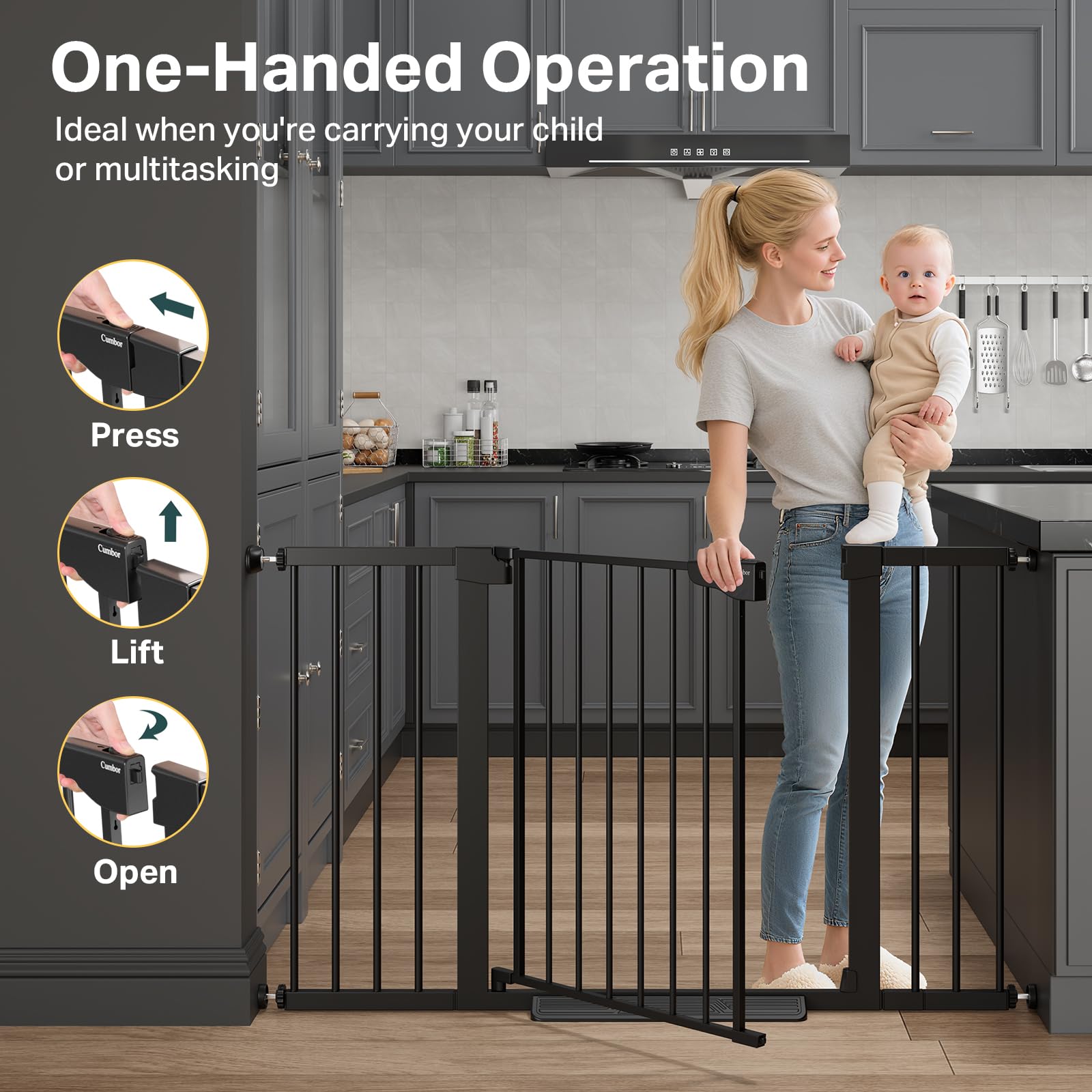 Cumbor gate includes baseboard wall cups for stable, wall-friendly installs.