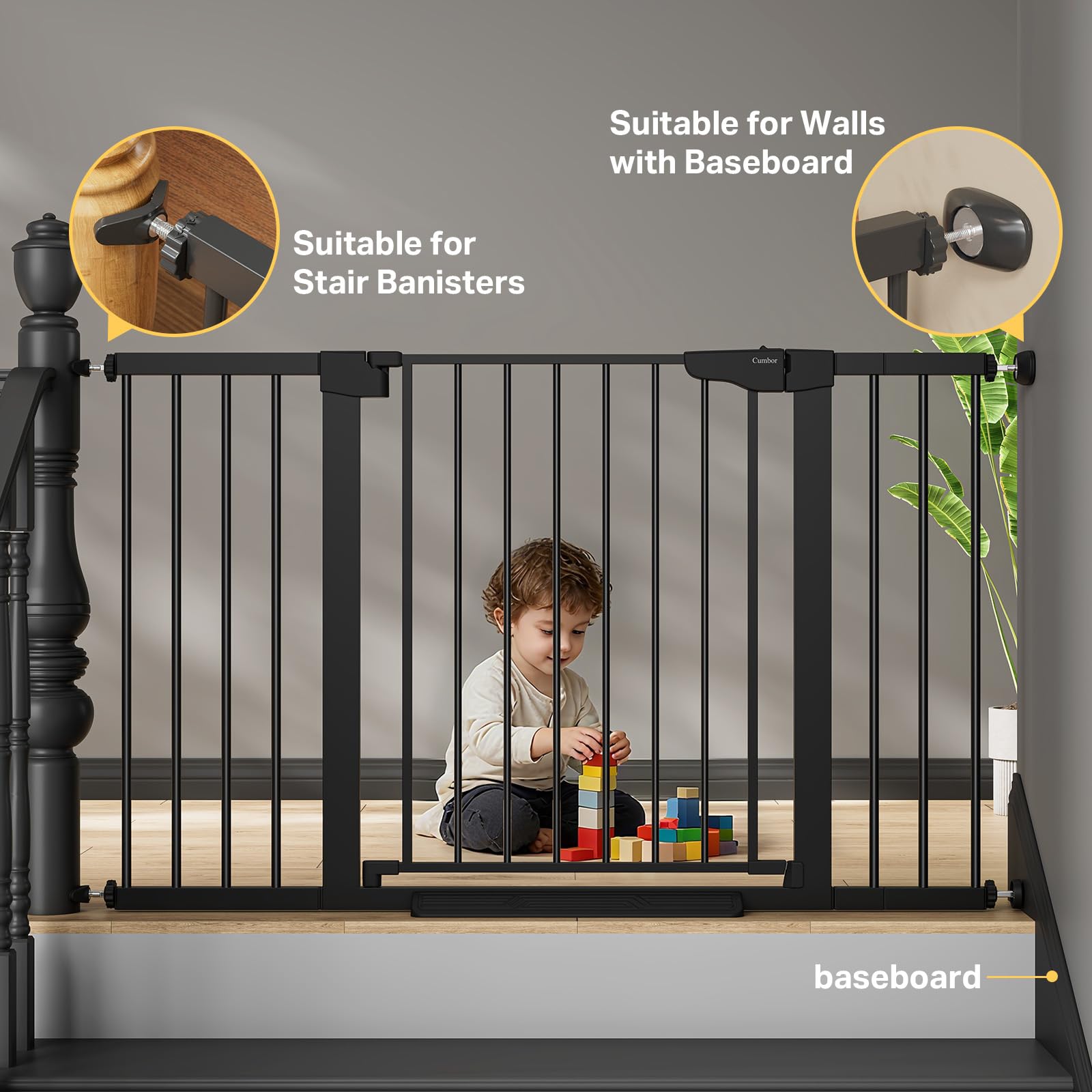 Cumbor gate hardware-mount secures at stair tops for extra stability.