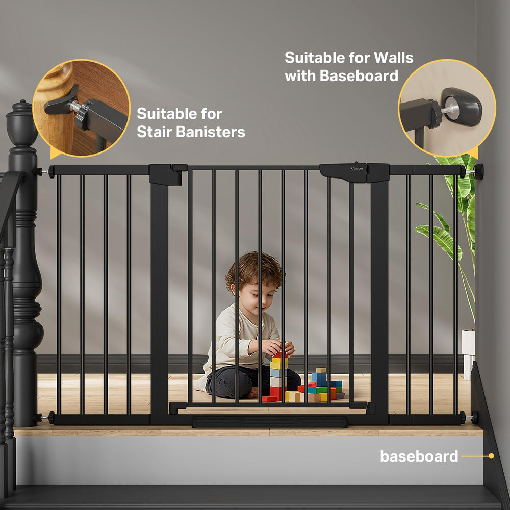 Cumbor gate hardware-mount secures at stair tops for extra stability.