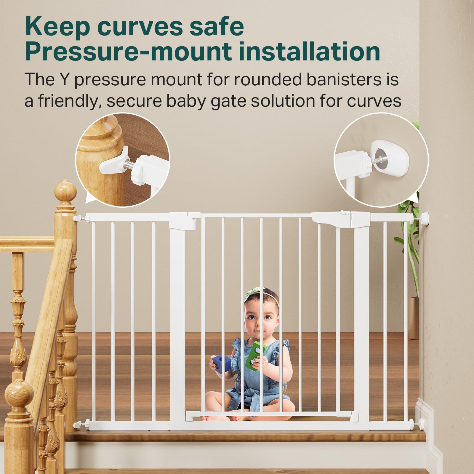 Cumbor baby gate hardware-mount option adds sturdiness on stairs