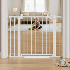 Cumbor baby gate with stair protection protects children at stairs.