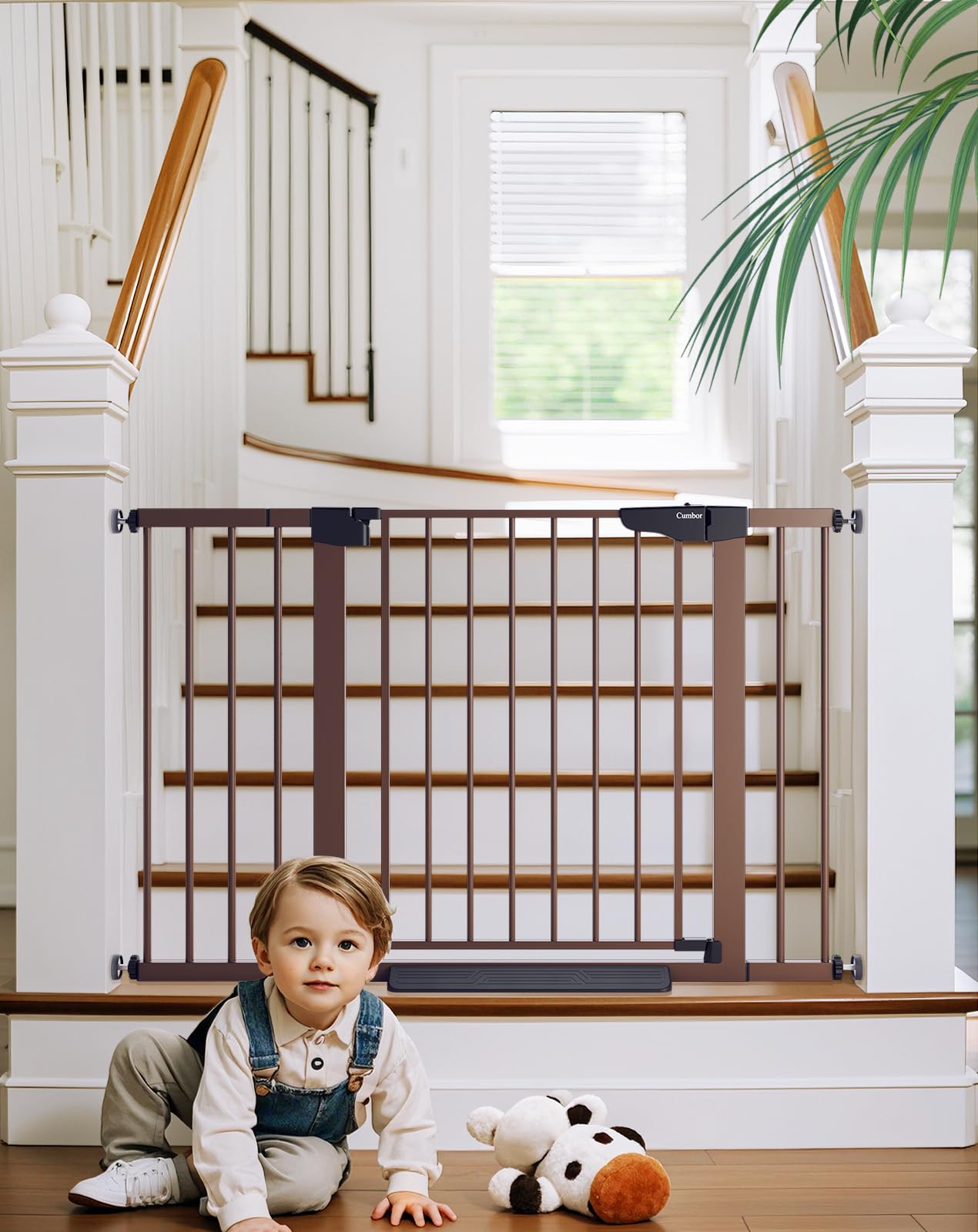 Cumbor baby gate on stairs with auto-close feature for safer passage
