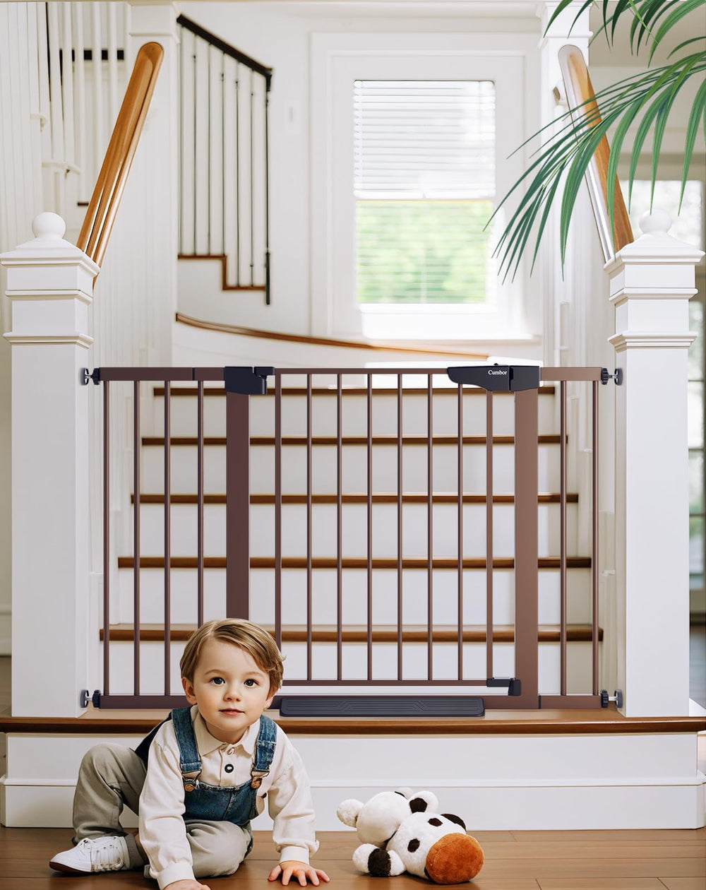 Cumbor baby gate on stairs with auto-close feature for safer passage