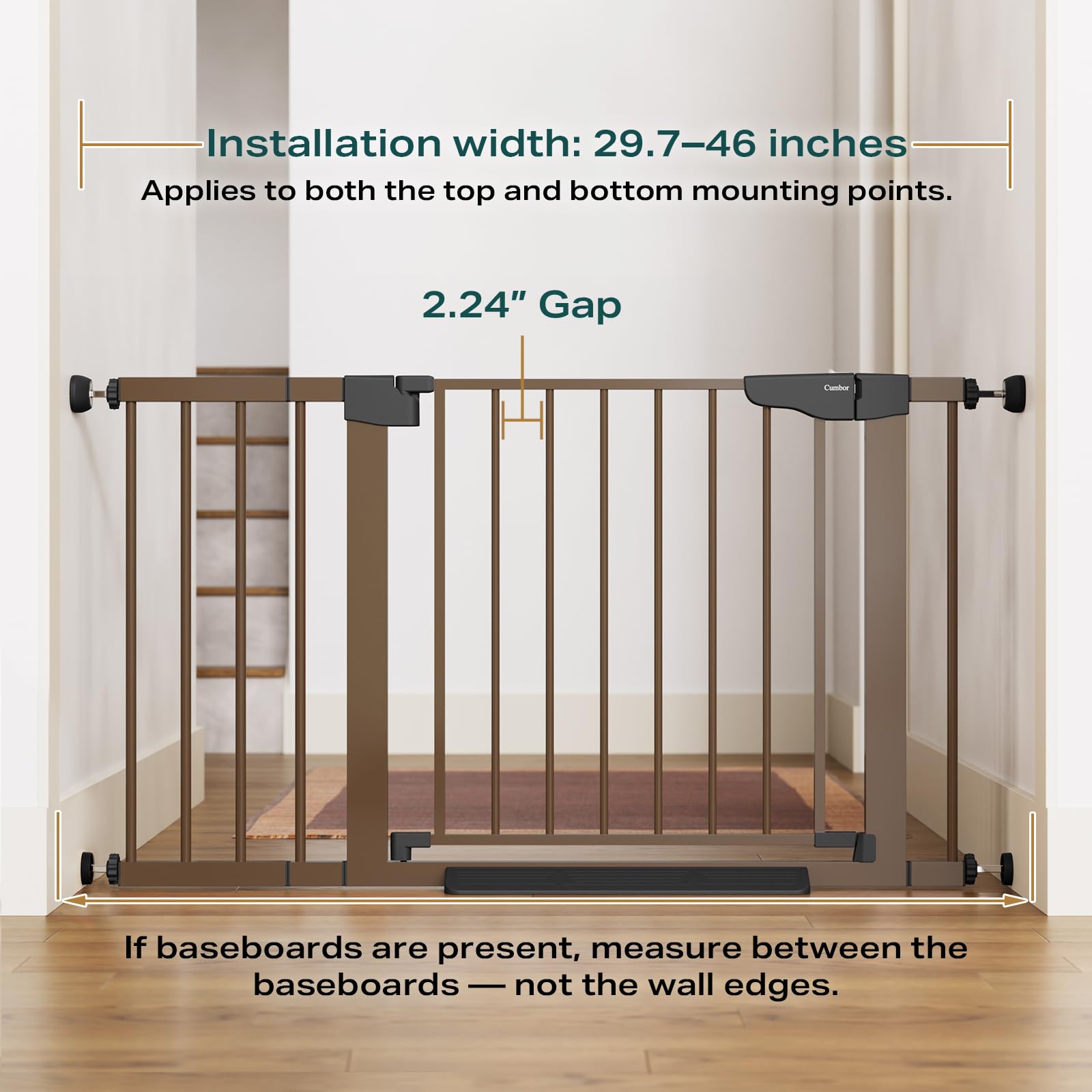 Cumbor baby gate on stairs bottom blocks access while compact and sturdy.