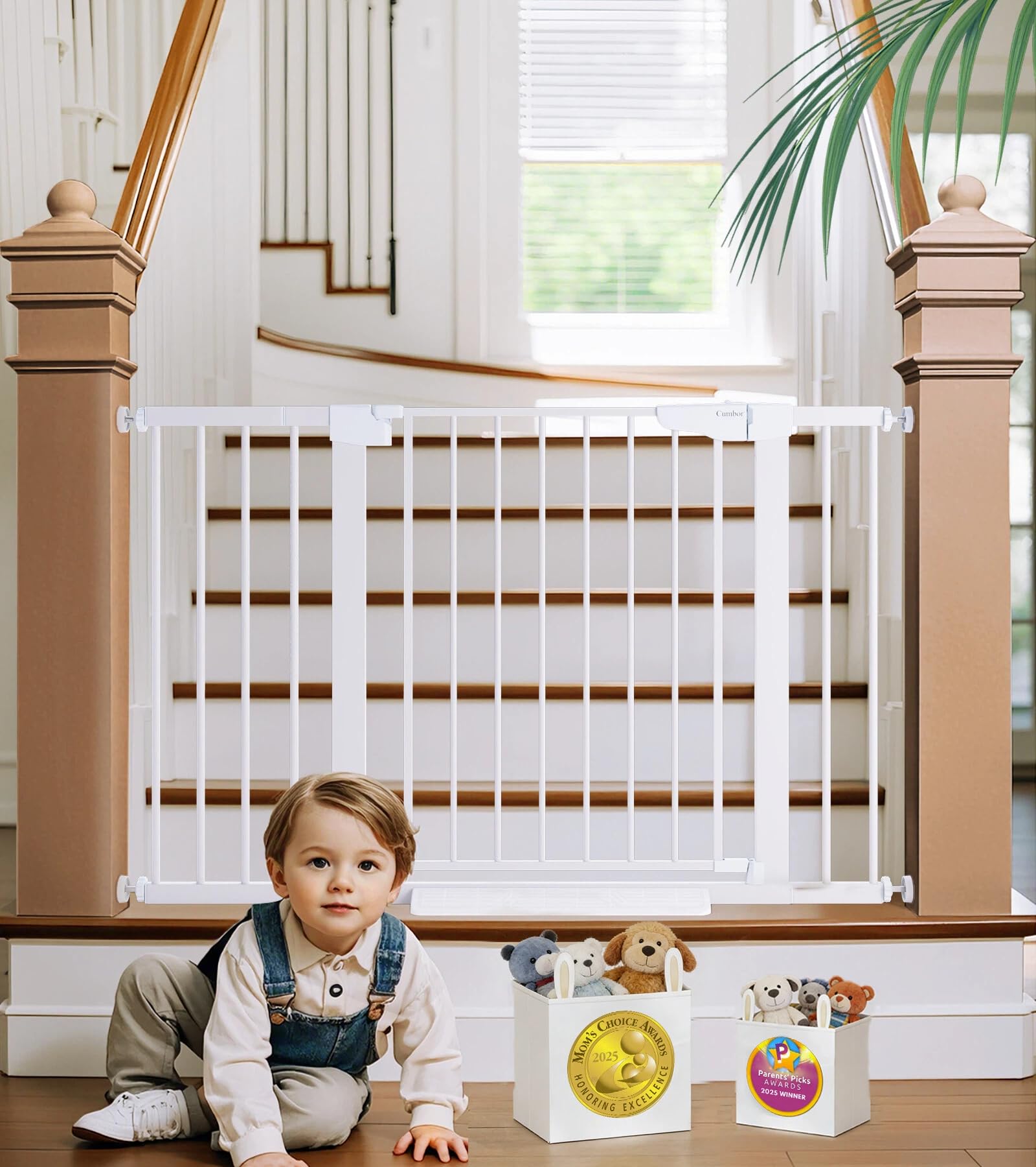 Cumbor baby gate on stairs rail showing secure installation for safe stair access