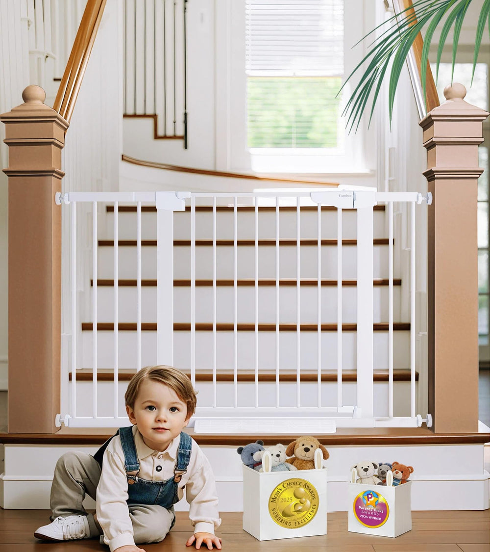 Cumbor baby gate on stairs rail showing secure installation for safe stair access