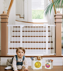 Cumbor baby gate on stairs rail showing secure installation for safe stair access