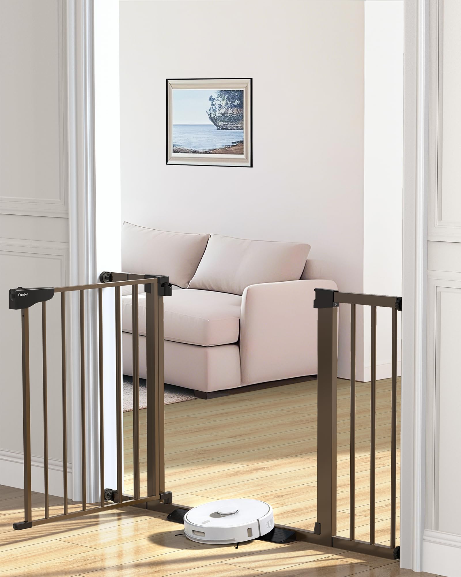 Cumbor baby gate on stairs top prevents climbs and stays easy to reach for caregivers.