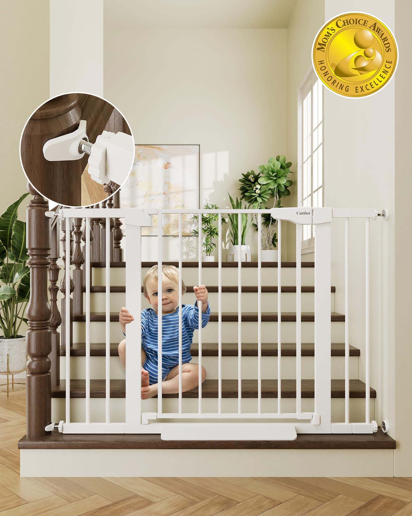 Cumbor baby gate at stairs in white showing 30.5-inch height for safe passage