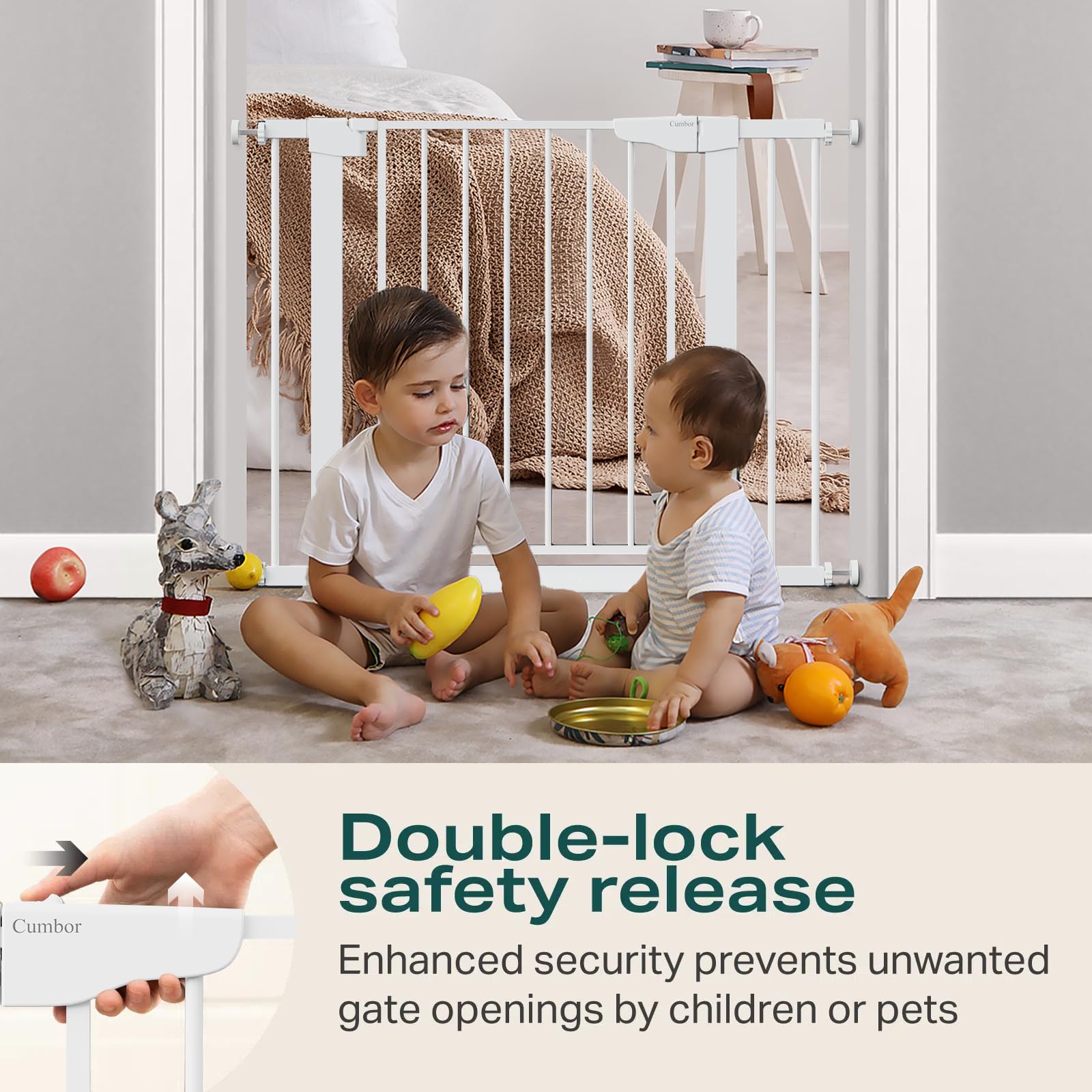 Cumbor walk-through gate offers wide doorway for strollers.