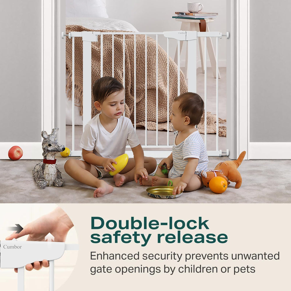 Cumbor walk-through gate offers wide doorway for strollers.