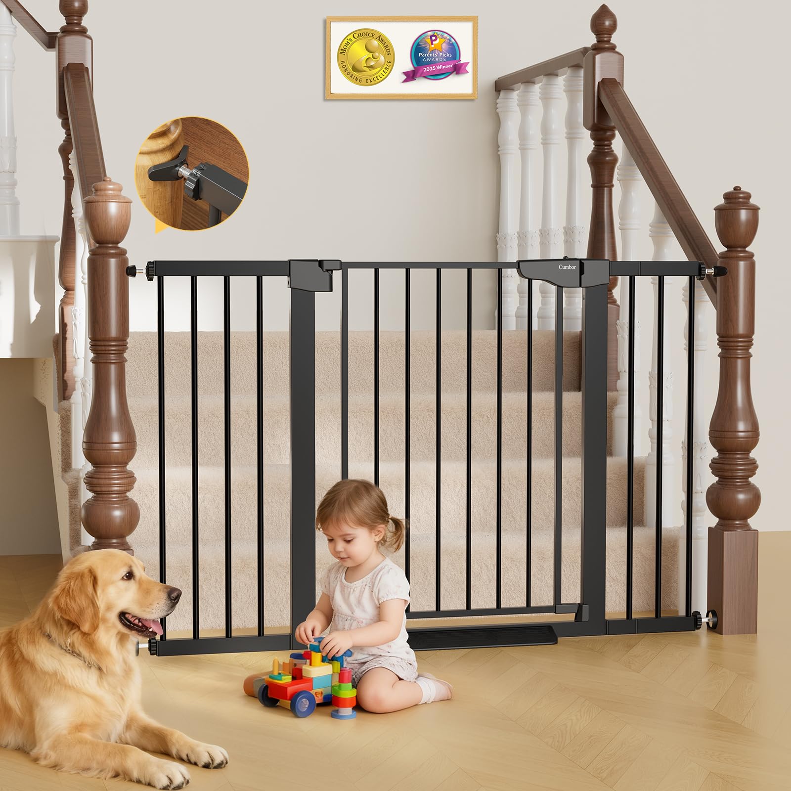 Cumbor baby gate in a wide 51.5 inch opening for easy stroller access.