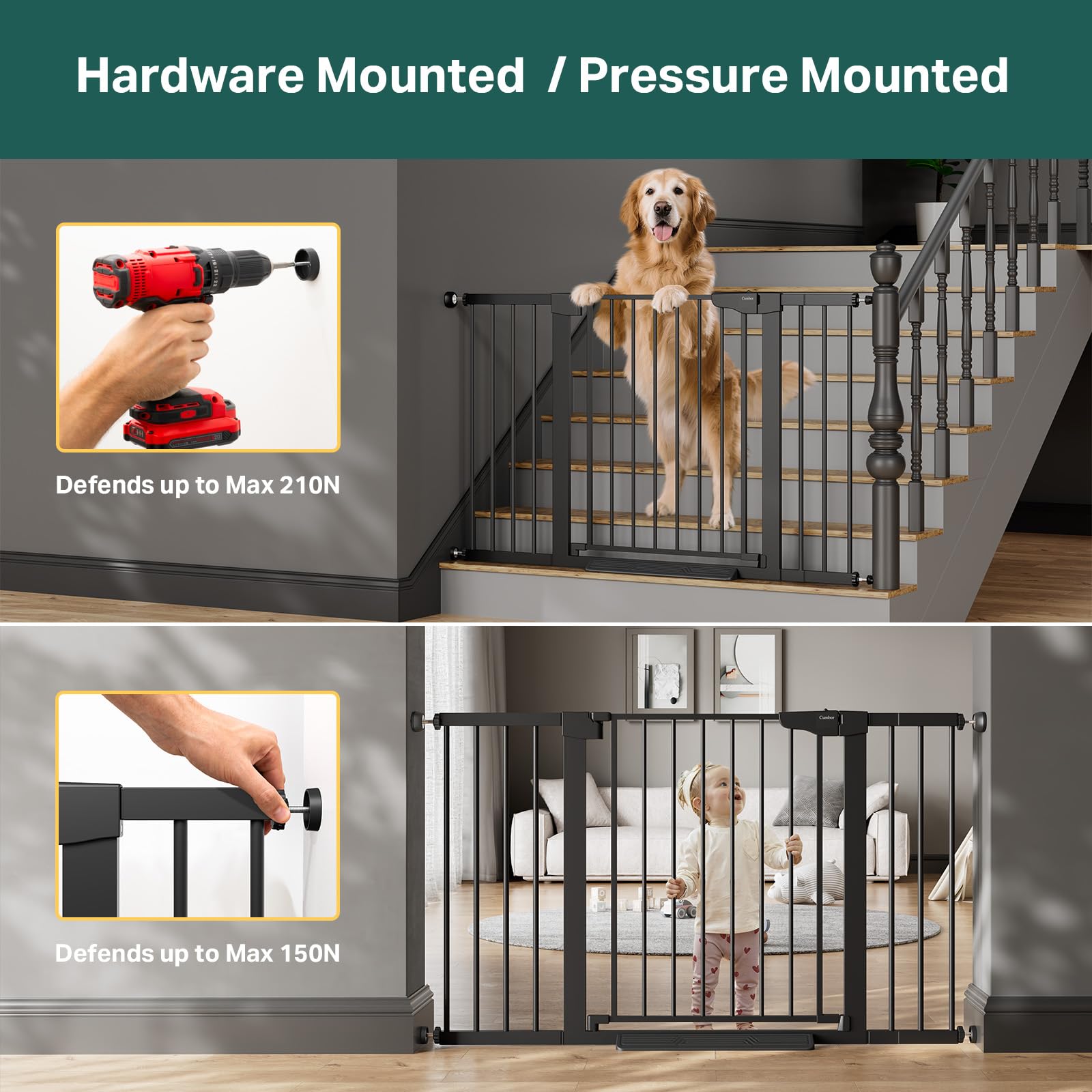 Cumbor gate includes Y-shaped bolts for round stair railings.