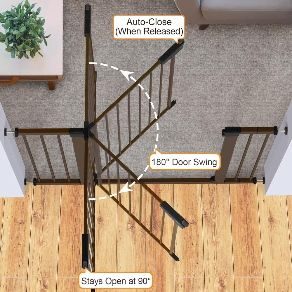 Cumbor brown gate provides a wide walk-through for easy passage with a child.