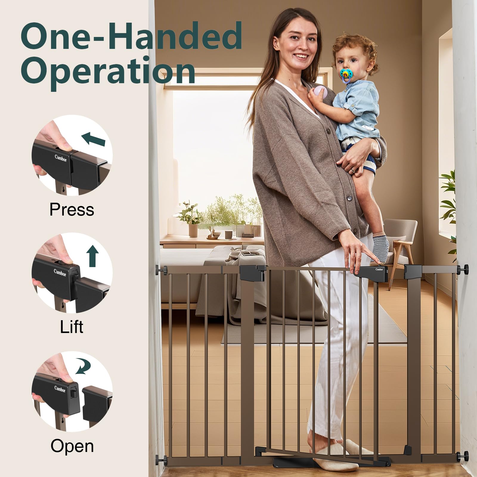 Cumbor doorway safety gate protecting entryways