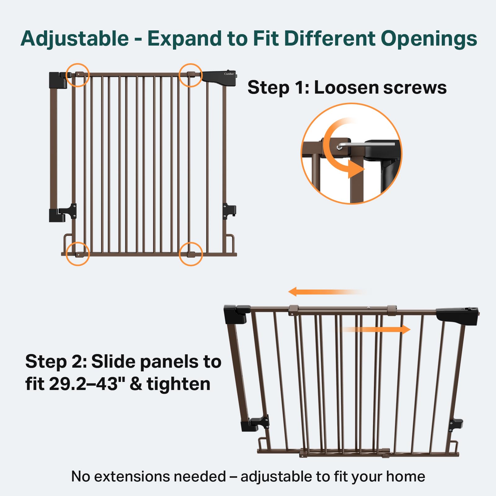 Cumbor adjustable-width gate fits 29.2-43 inches.