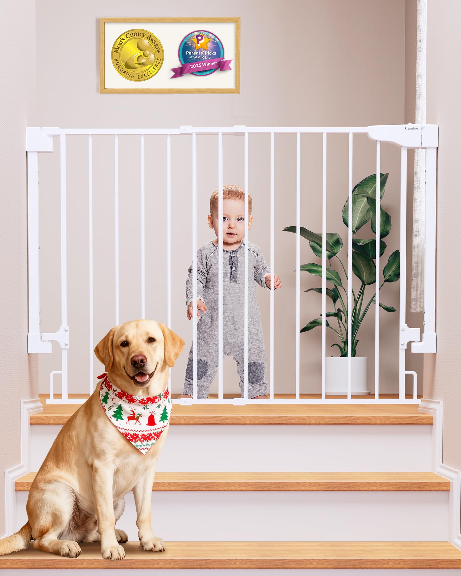 Cumbor drill-mounted stair gate in white provides secure top-of-stairs protection.