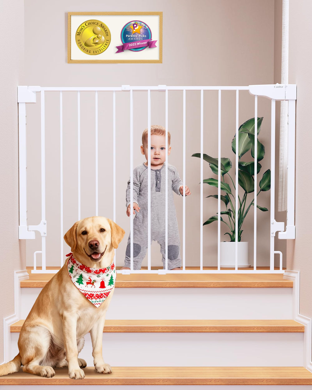 Cumbor drill-mounted stair gate in white provides secure top-of-stairs protection.