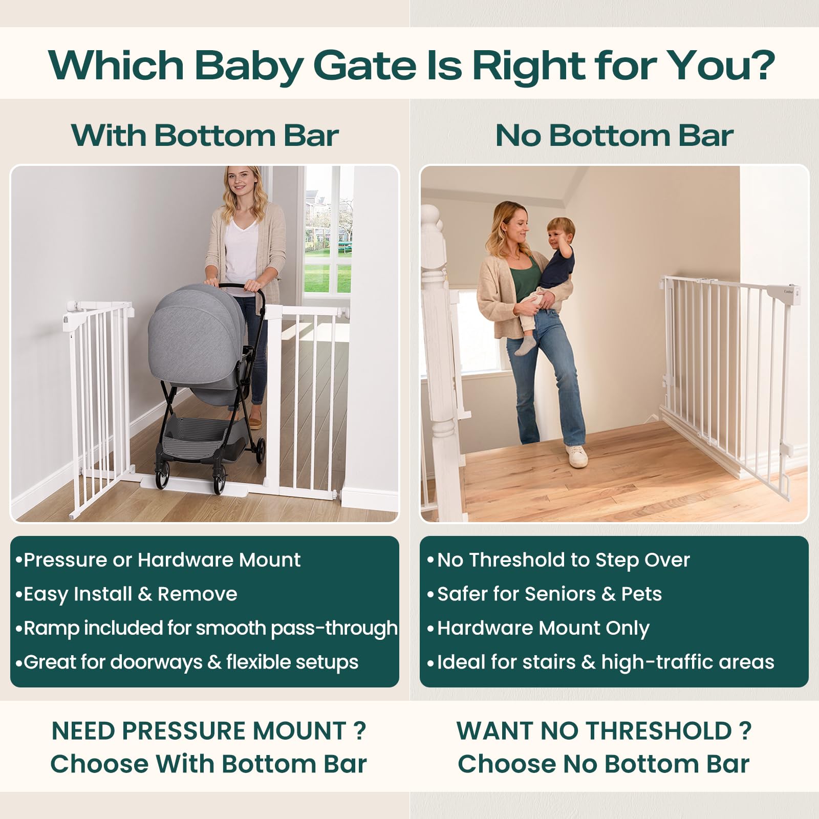Cumbor one-handed operation allows gate use while holding a child.