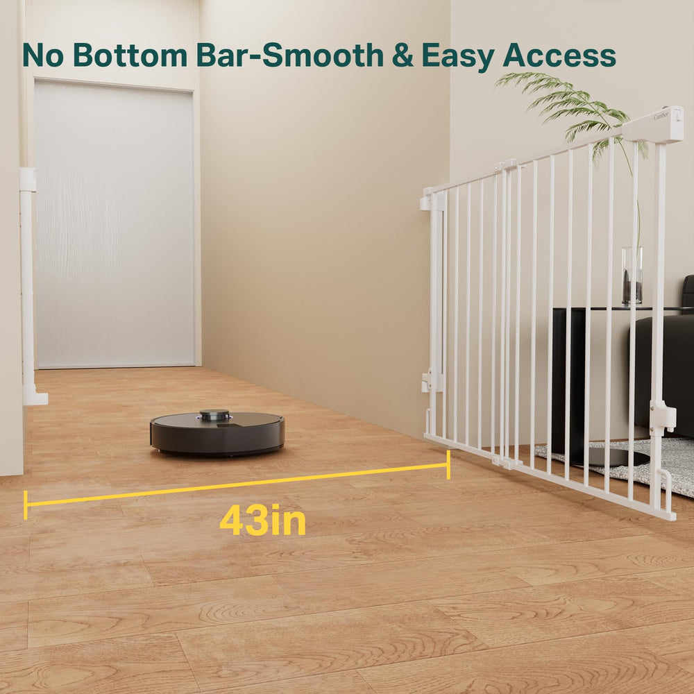 Cumbor expandable stair gate shows adjustable width for varied openings.