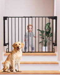 Cumbor drill-mounted stair gate in black provides strongest top-of-stairs security.