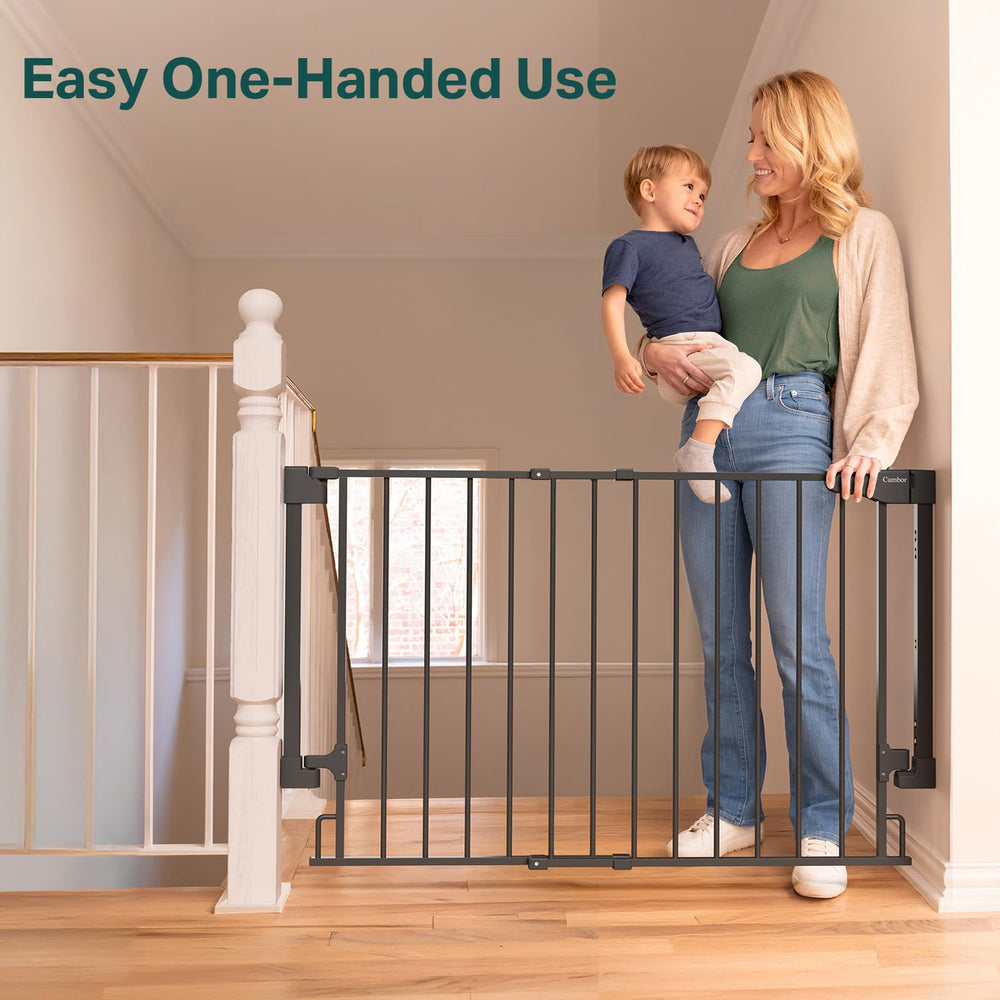 Cumbor top-of-stairs black gate blends with decor and protects stairs.