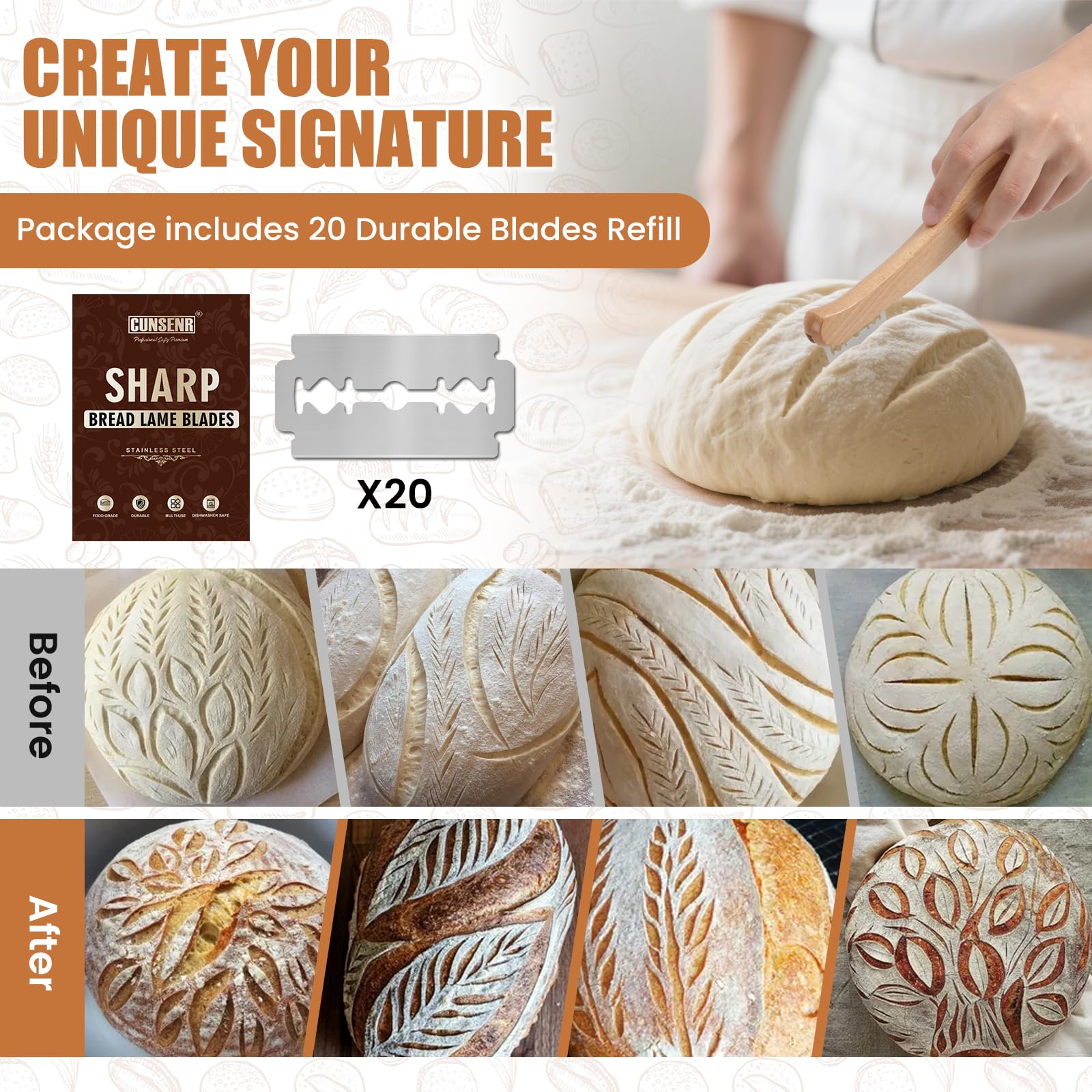 CUNSENR kitchen baking setup supports scoring and loaf shaping.