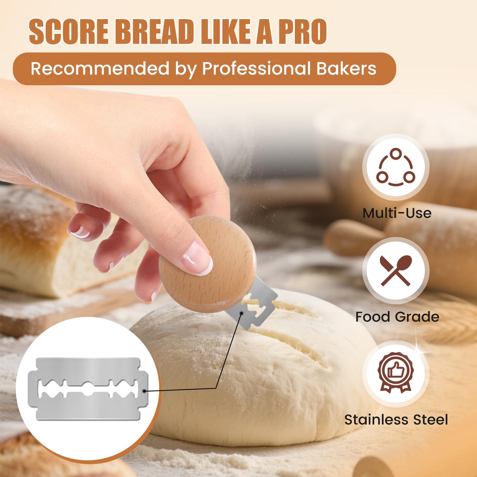 CUNSENR precision razor blades ensure sharp scores without dough tearing.