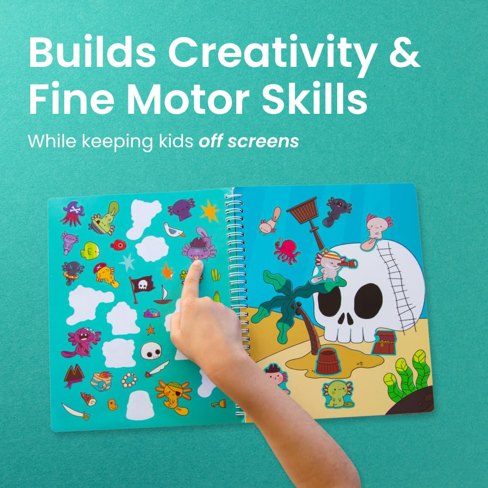Cupkin Axolotl spiral-bound layout enables lay-flat use during coloring and sticker play