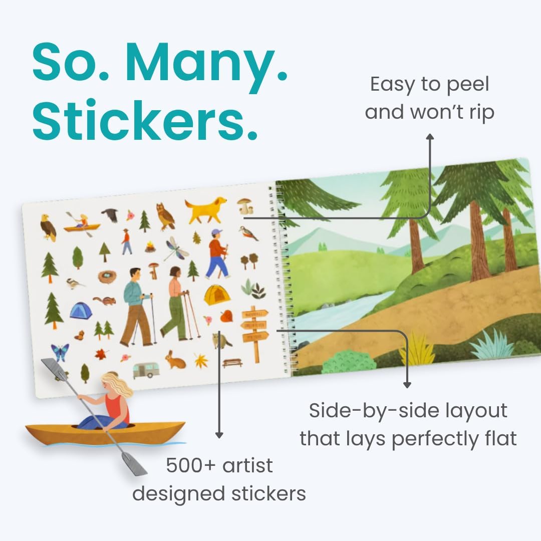Cupkin camping sticker book scene canoe page, encourages fine motor skill practice