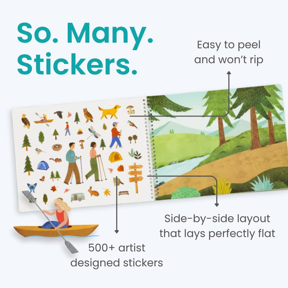 Cupkin camping sticker book scene canoe page, encourages fine motor skill practice