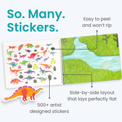 Cupkin Dinosaur Sticker Book scene-2 promotes fine motor skills through precise placement.
